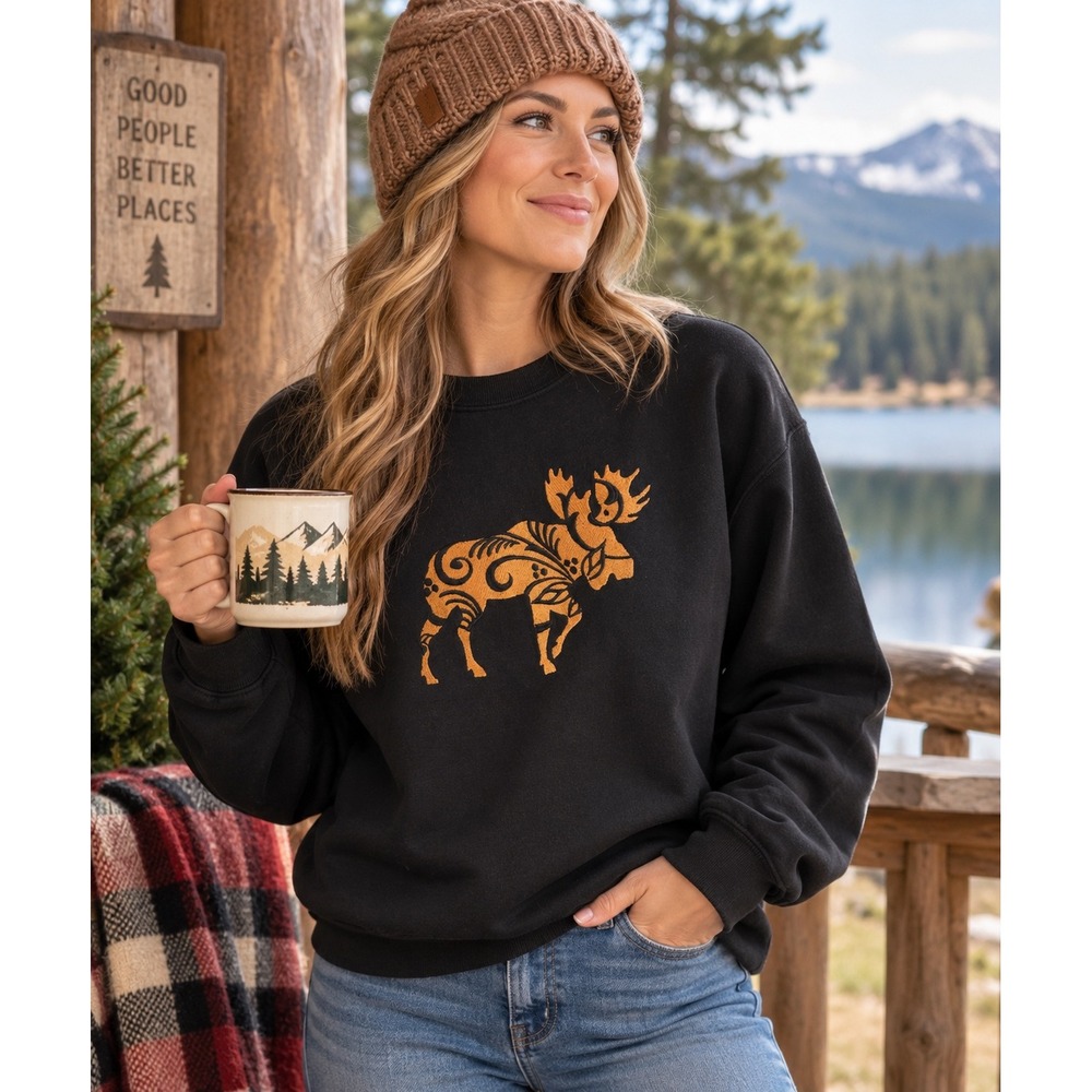 Gildan Heavy Blend Embroidered Moose Sweatshirt Black Cabin Core Crewneck Medium